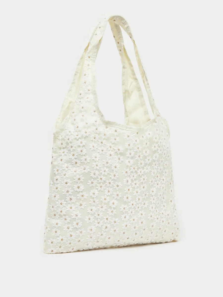 کیف دوشی زنانه استایلی با طرح گل گلدوزی شده، سایز واحد، سفید