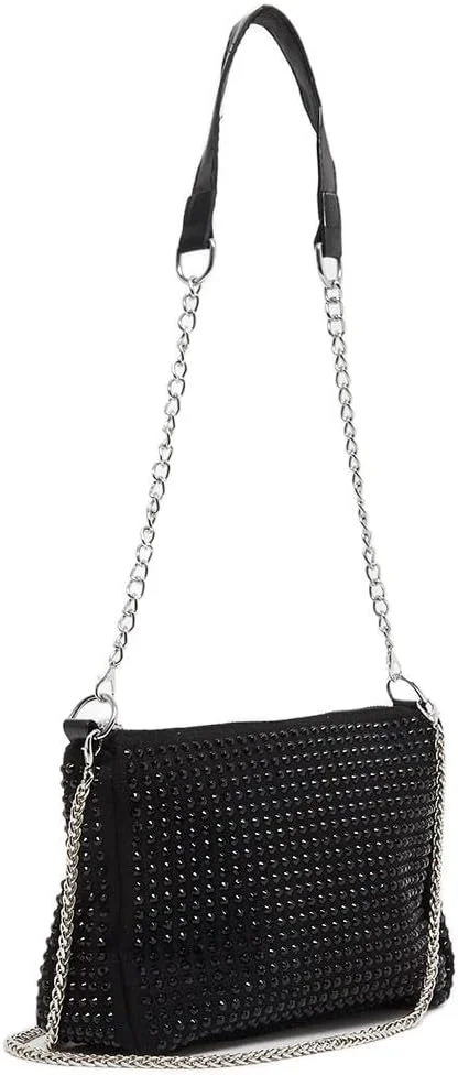 کیف دوشی زنانه استایلی با تزیینات و بند زنجیری، سایز واحد، مشکی