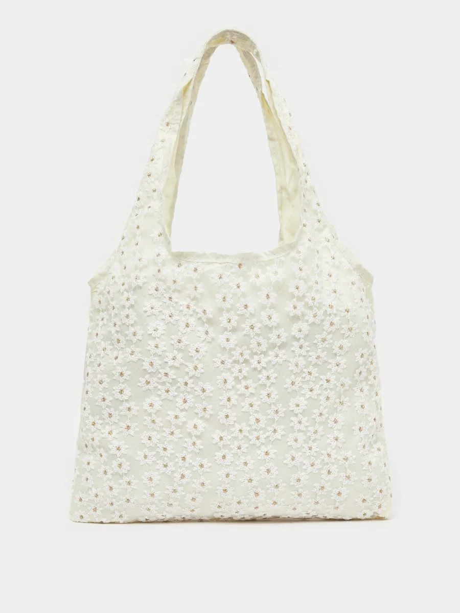 کیف دوشی زنانه استایلی با طرح گل گلدوزی شده، سایز واحد، سفید