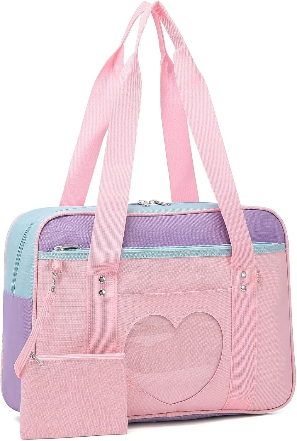 کیف دوشی، کیف مدرسه ساخته شده از آکسفورد درجه یک و پلاستیک PVC، کیف دوشی بزرگ انیمه، کیف دستی کاوایی زنانه، کیف دوشی غیررسمی شفاف برای مدرسه، کار، باشگاه، ورزش، مسافرت (صورتی)