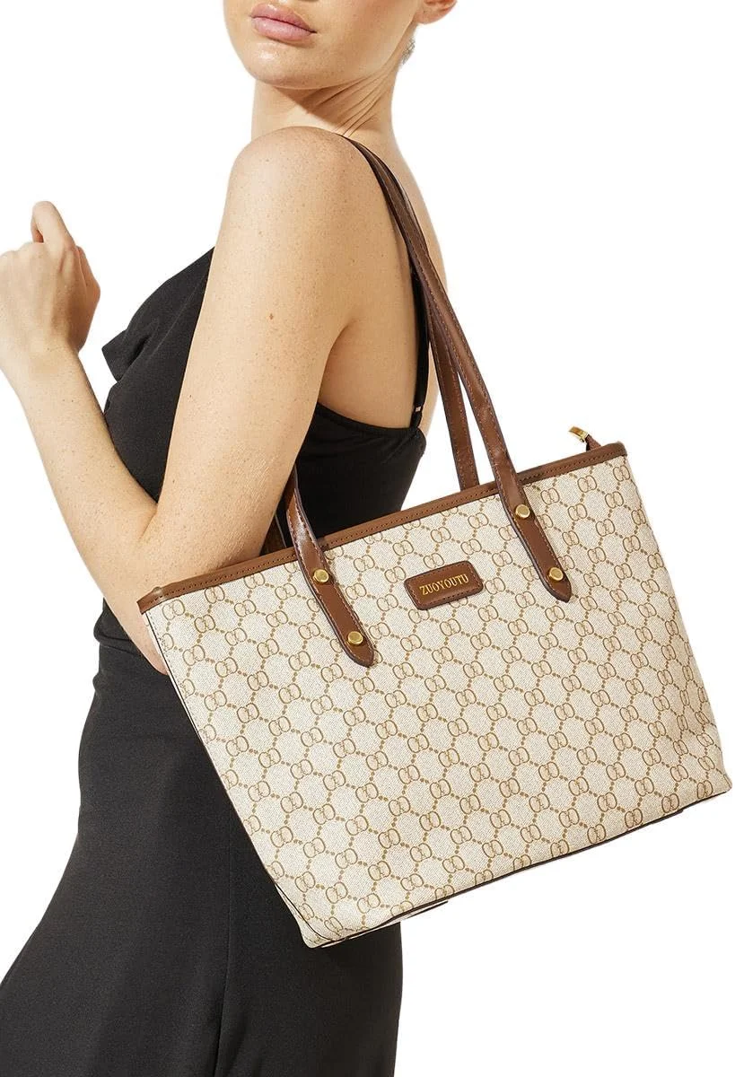 کیف دوشی طرح‌دار استایلی با کیف کوچک و بست زیپی، 39x12x26، کرم