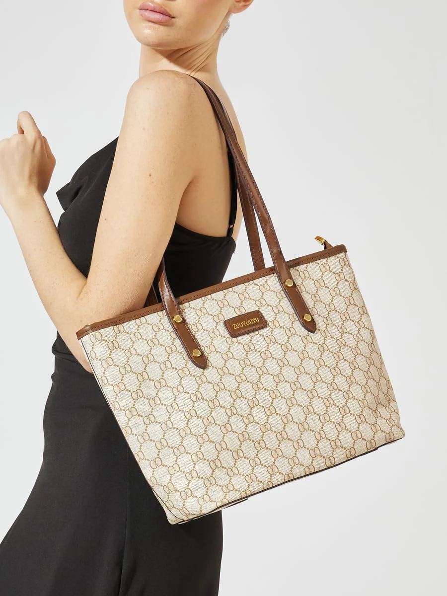 کیف دوشی طرح‌دار استایلی با کیف کوچک و بست زیپی، 39x12x26، کرم