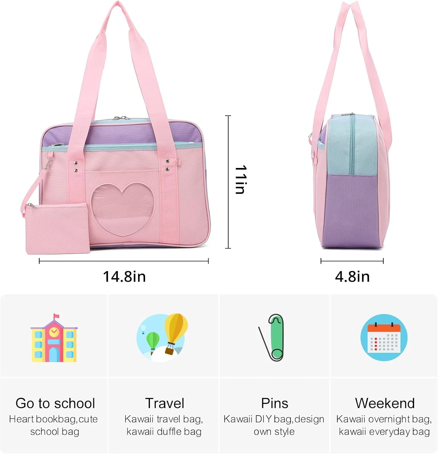 کیف دوشی، کیف مدرسه ساخته شده از آکسفورد درجه یک و پلاستیک PVC، کیف دوشی بزرگ انیمه، کیف دستی کاوایی زنانه، کیف دوشی غیررسمی شفاف برای مدرسه، کار، باشگاه، ورزش، مسافرت (صورتی)