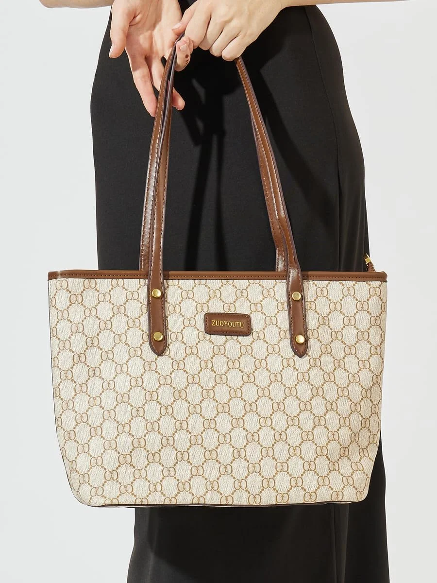 کیف دوشی طرح‌دار استایلی با کیف کوچک و بست زیپی، 39x12x26، کرم