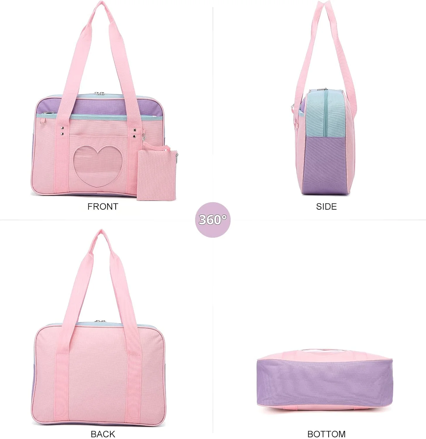 کیف دوشی، کیف مدرسه ساخته شده از آکسفورد درجه یک و پلاستیک PVC، کیف دوشی بزرگ انیمه، کیف دستی کاوایی زنانه، کیف دوشی غیررسمی شفاف برای مدرسه، کار، باشگاه، ورزش، مسافرت (صورتی)