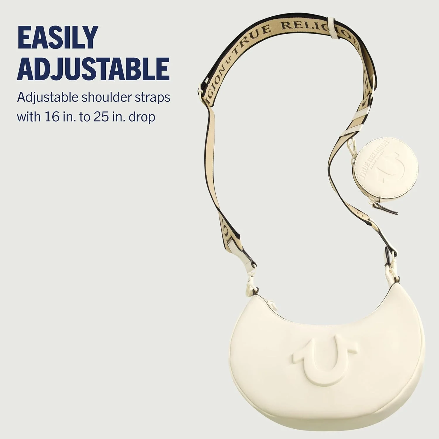 کیف دوشی زنانه ترو ریلیجن، کیف دستی هلالی با بند قابل تنظیم و جداشدنی و لوگوی نعل اسب