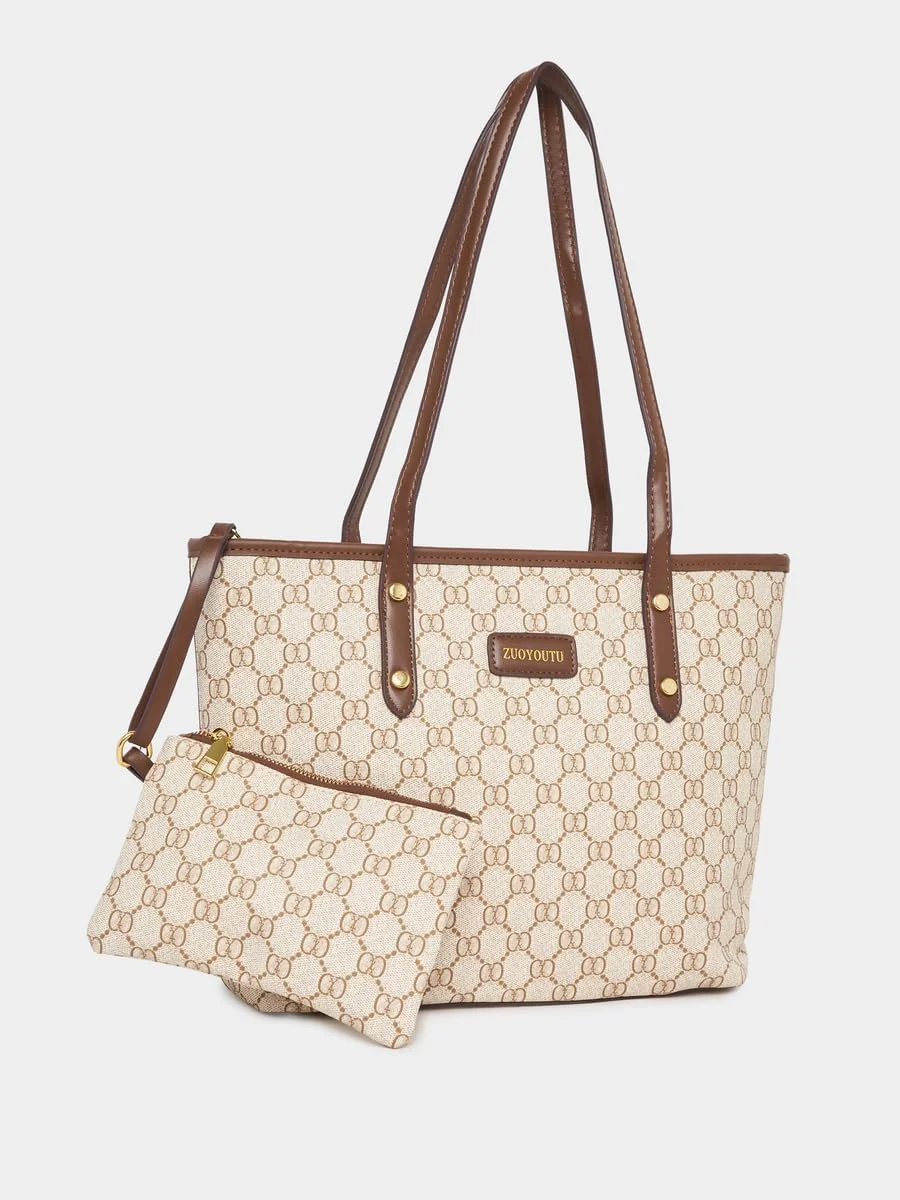 کیف دوشی طرح‌دار استایلی با کیف کوچک و بست زیپی، 39x12x26، کرم