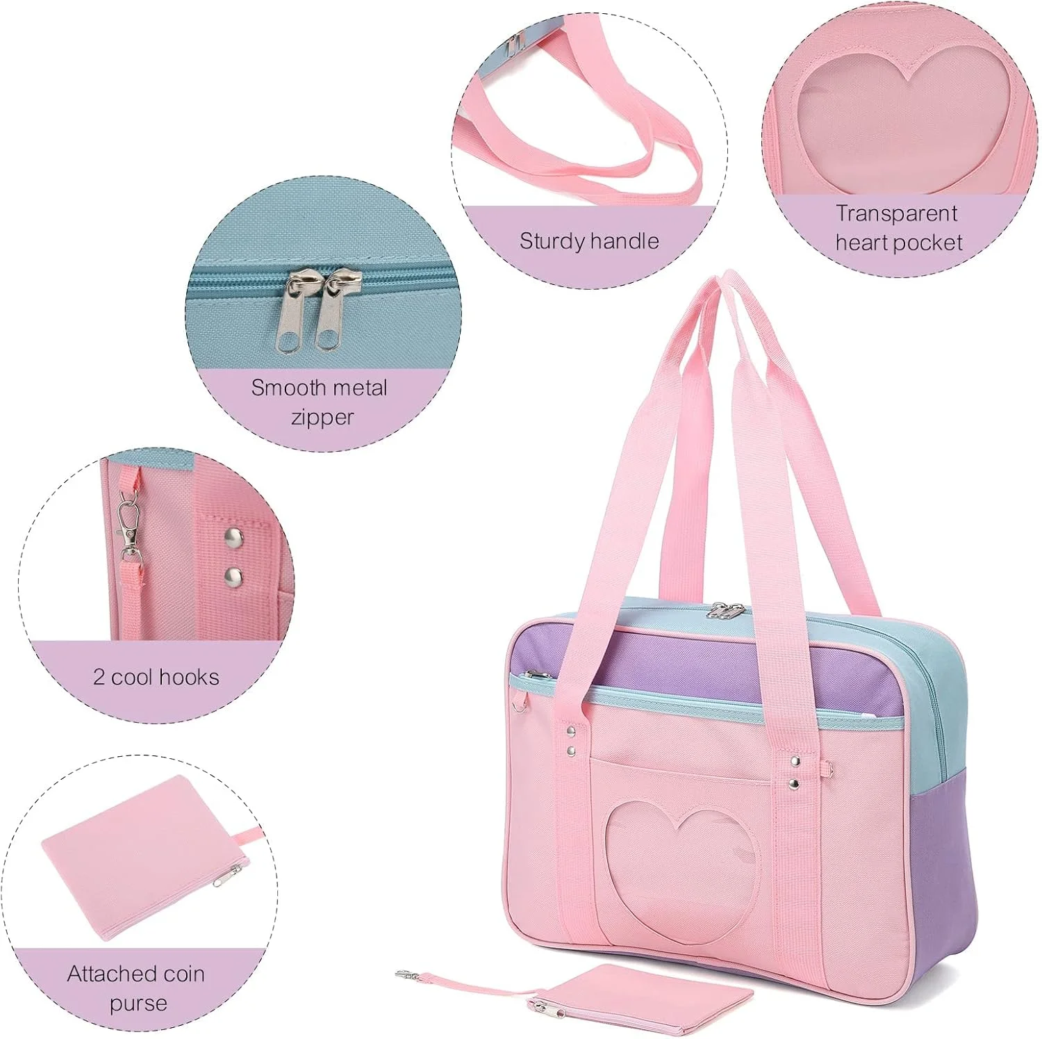 کیف دوشی، کیف مدرسه ساخته شده از آکسفورد درجه یک و پلاستیک PVC، کیف دوشی بزرگ انیمه، کیف دستی کاوایی زنانه، کیف دوشی غیررسمی شفاف برای مدرسه، کار، باشگاه، ورزش، مسافرت (صورتی)