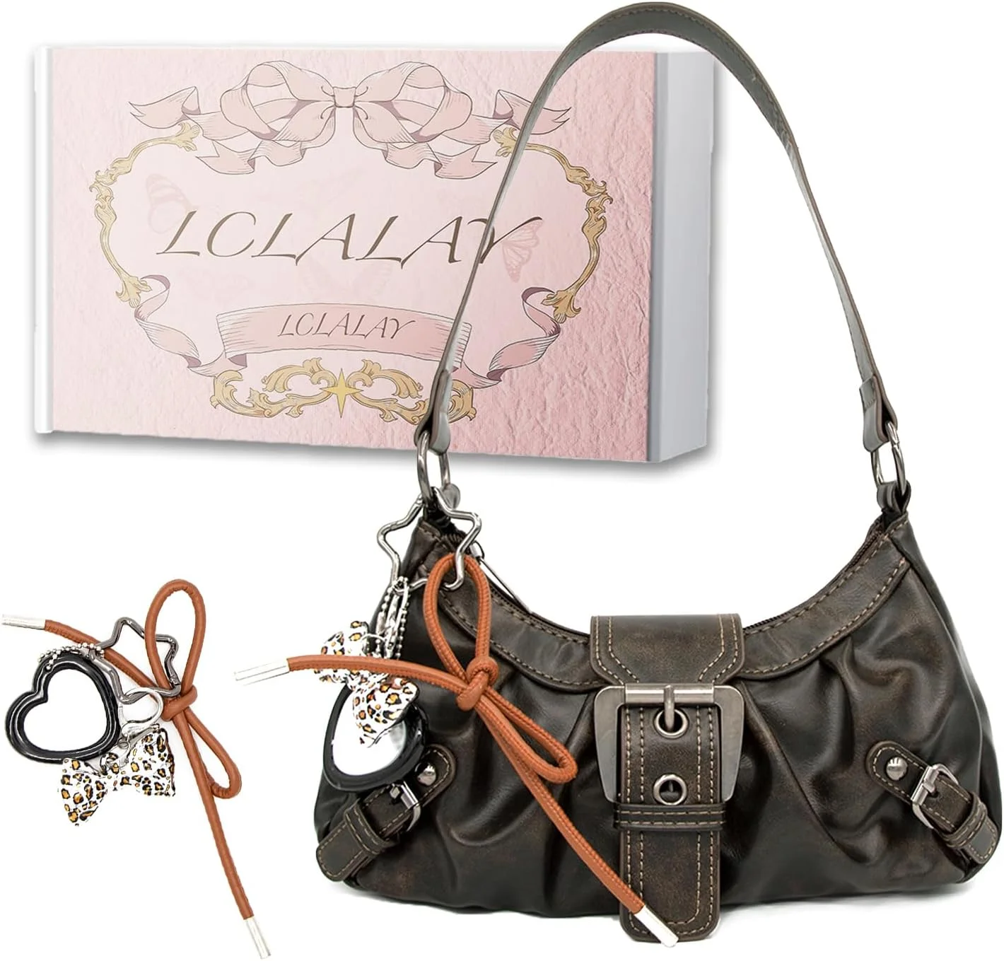 کیف دستی زنانه Y2k، کیف دوشی با دسته بالایی، کیف کوچک پانک گوتیک، کیف کلاچ زیر بغل، با آویز نفیس و آینه کوچک، کیف های قهوه ای مد روز برای زنان