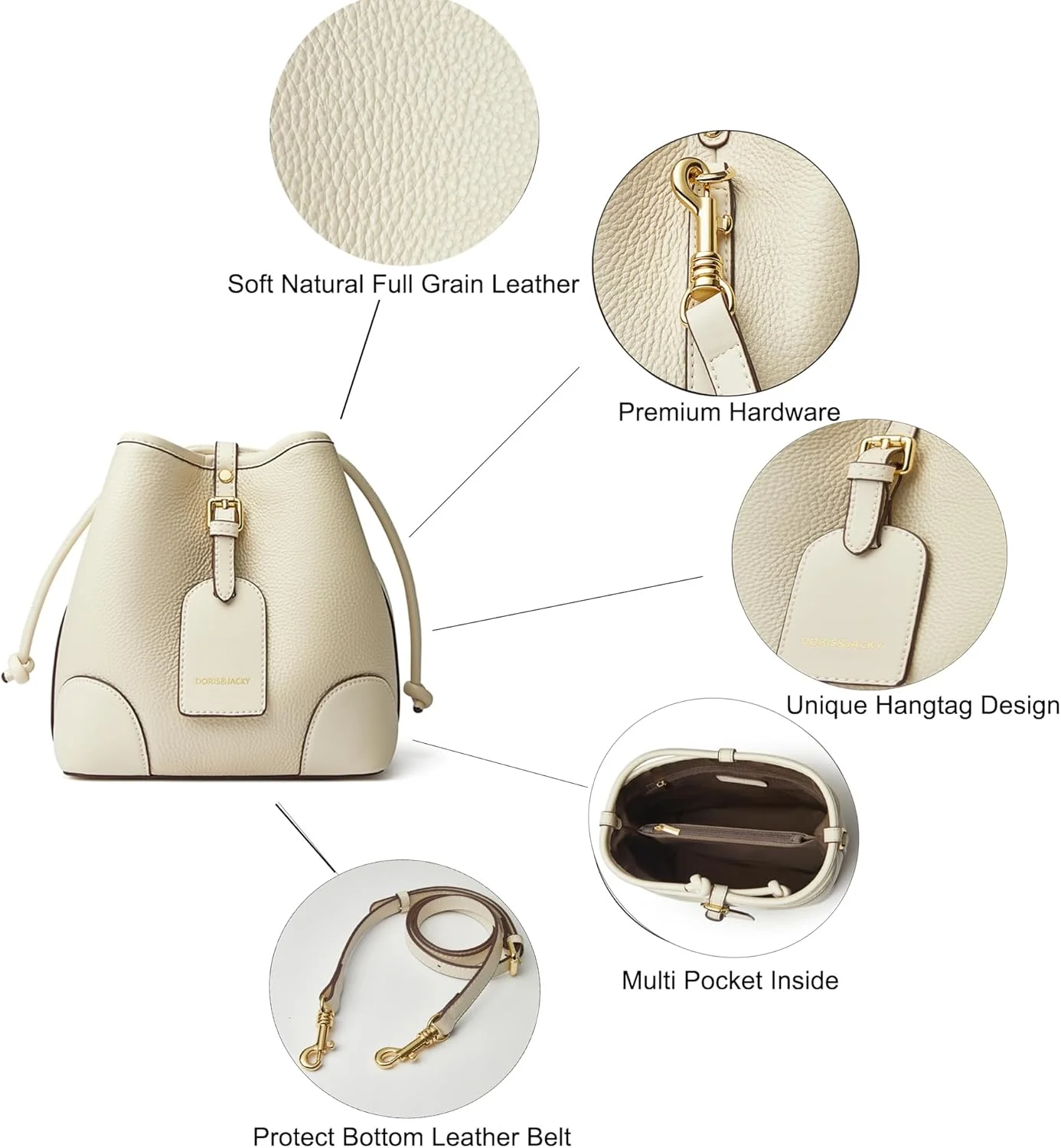 کیف دوشی چرمی کوچک بند دار DORIS&JACKY، کیف سطلی دو طرفه ممتاز زنانه