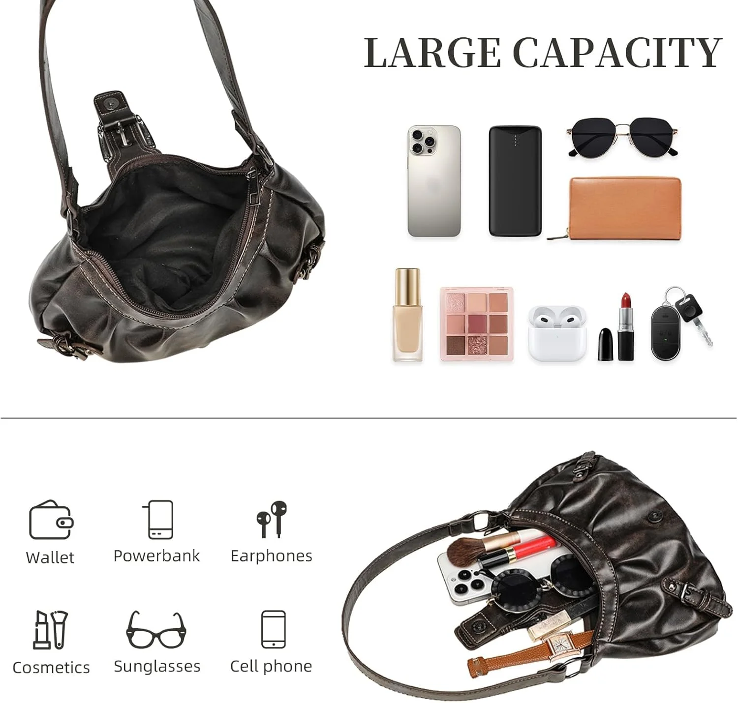 کیف دستی زنانه Y2k، کیف دوشی با دسته بالایی، کیف کوچک پانک گوتیک، کیف کلاچ زیر بغل، با آویز نفیس و آینه کوچک، کیف های قهوه ای مد روز برای زنان