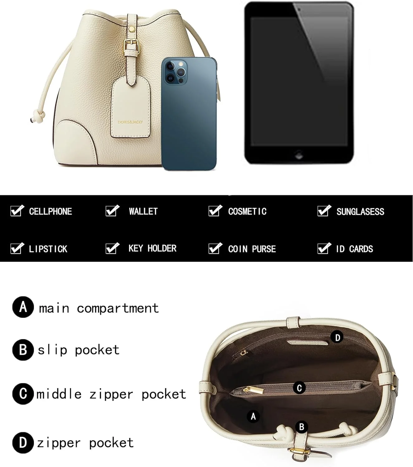 کیف دوشی چرمی کوچک بند دار DORIS&JACKY، کیف سطلی دو طرفه ممتاز زنانه