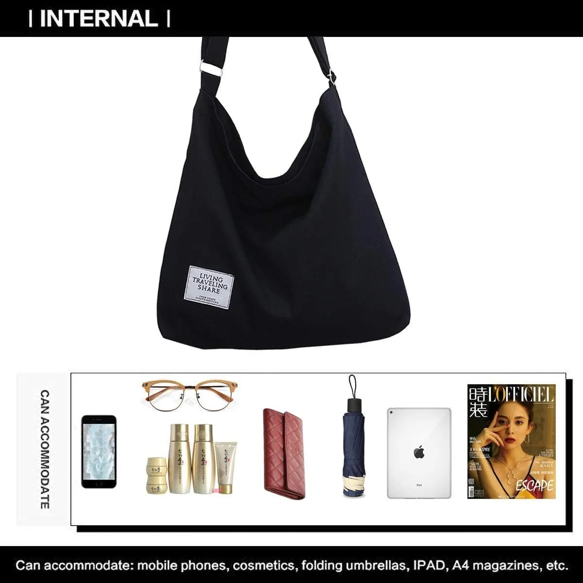 کیف دستی هوبو خزنا، کیف بزرگ بومى زنانه، کیف دوشی روزمره با ظرفیت زیاد، کیف دستی بزرگ پنبه ای زنانه برای مسافرت و استفاده روزانه 36 * 36 * 9 سانتی متر (مشکی)