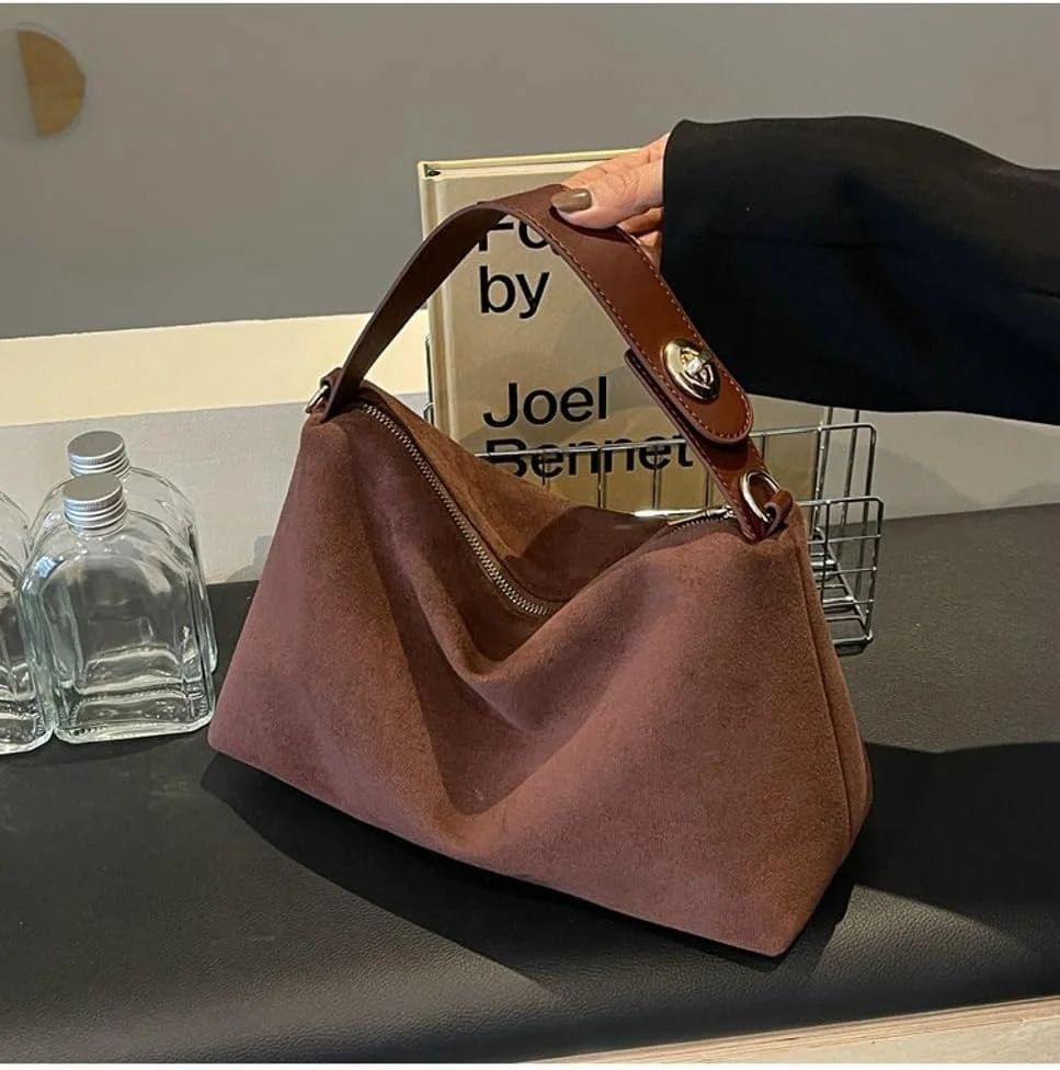 کیف دستی زنانه замшевый KASTWAVE، کیف دستی شیک هلالی، مناسب برای مد پاییزه با طراحی شانه ای افتاده، کیف دستی زیبا به سبک قدیمی (قهوه ای)