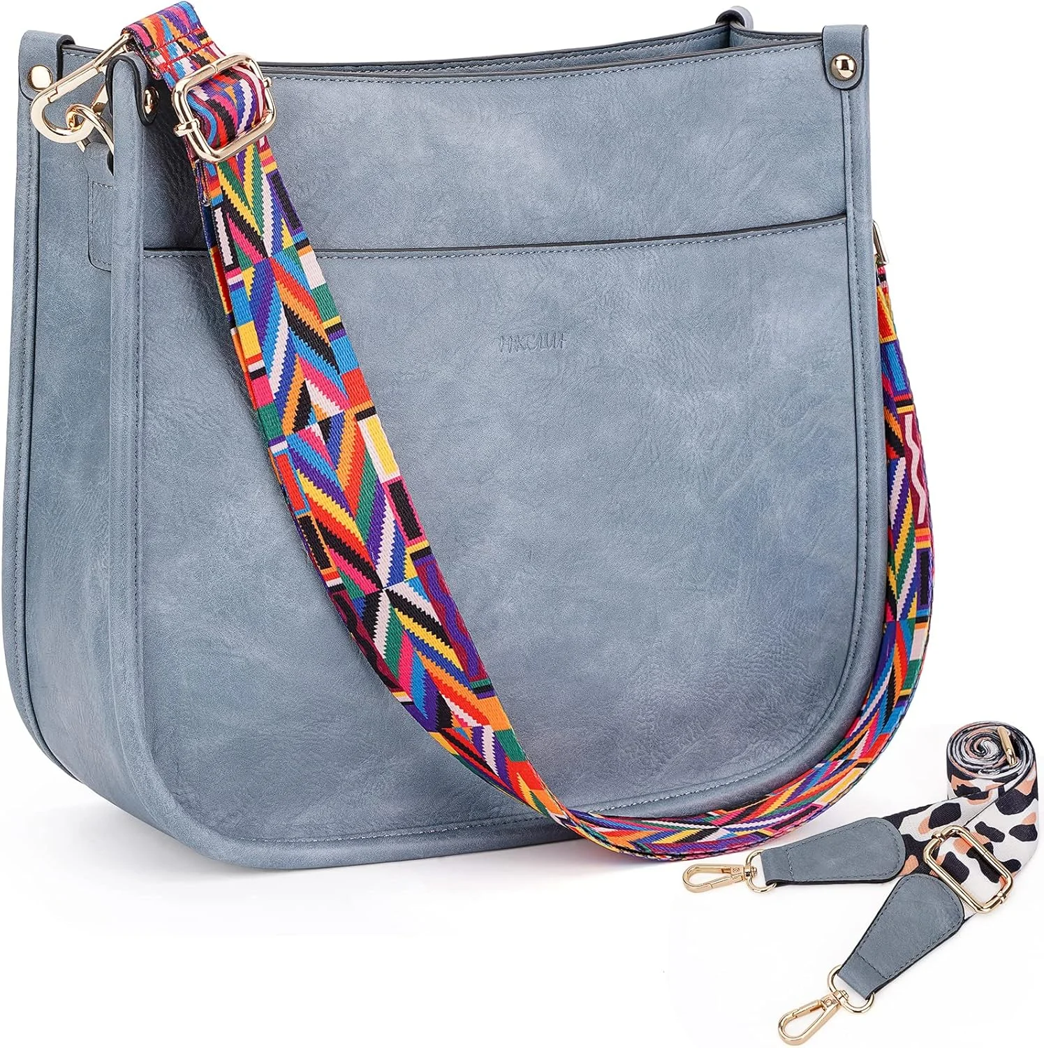کیف دوشی زنانه HKCLUF، کیف دستی مدل Hobo چرمی با 2 بند گیتاری پلنگی قابل تنظیم، مدل سطلی، آبی A4، بادوام و منحصر به فرد