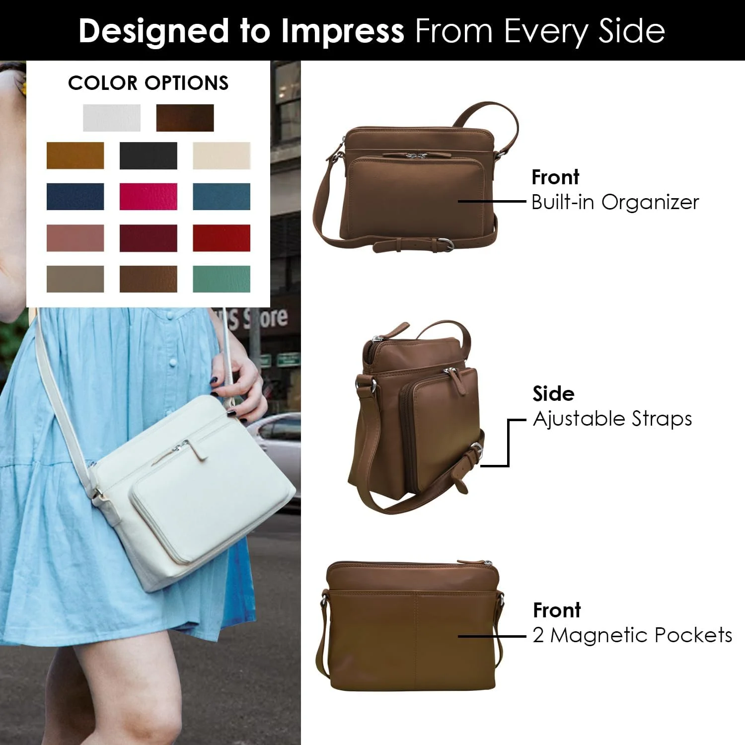 کیف دستی چرمی زنانه نیویورک با محفظه جانبی - کیف چرمی نرم و لطیف با آستر محافظ RFID