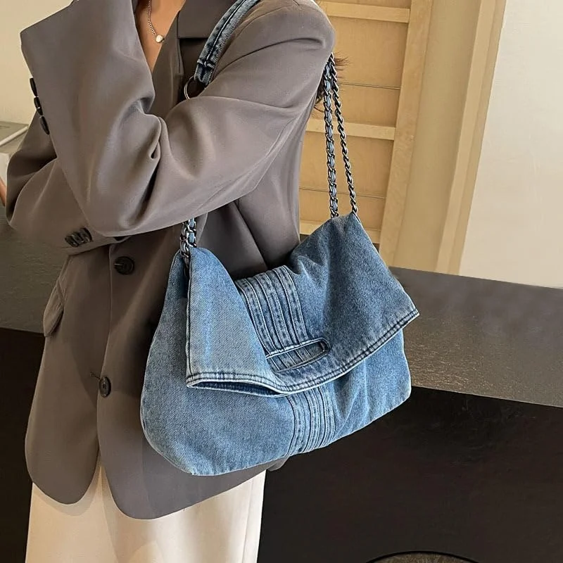 کیف دوشی جین زنانه KASTWAVE، کیف دستی شیک با ظرفیت بزرگ با بند زنجیری برای مسافرت، خرید و ساحل، کیف دستی کراس بادی بوم گرد همه کاره (جین آبی) کیف دوشی جین زنانه KASTWAVE، کیف دستی شیک با ظرفیت بزرگ با بند زنجیری برای مسافرت، خرید و ساحل، کیف دستی کراس بادی بوم گرد همه کاره (جین آبی)