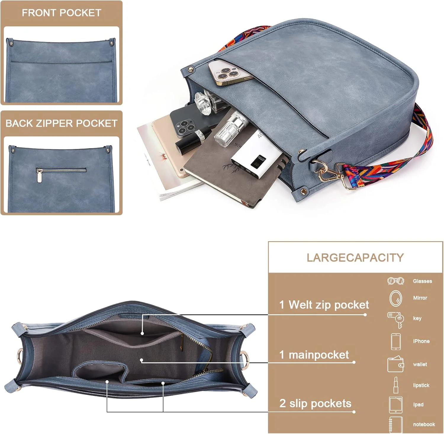 کیف دوشی زنانه HKCLUF، کیف دستی مدل Hobo چرمی با 2 بند گیتاری پلنگی قابل تنظیم، مدل سطلی، آبی A4، بادوام و منحصر به فرد