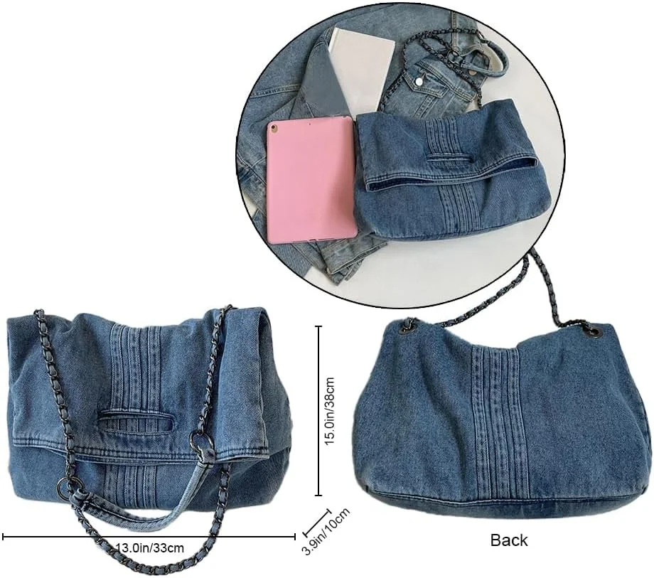 کیف دوشی جین زنانه KASTWAVE، کیف دستی شیک با ظرفیت بزرگ با بند زنجیری برای مسافرت، خرید و ساحل، کیف دستی کراس بادی بوم گرد همه کاره (جین آبی) کیف دوشی جین زنانه KASTWAVE، کیف دستی شیک با ظرفیت بزرگ با بند زنجیری برای مسافرت، خرید و ساحل، کیف دستی کراس بادی بوم گرد همه کاره (جین آبی)