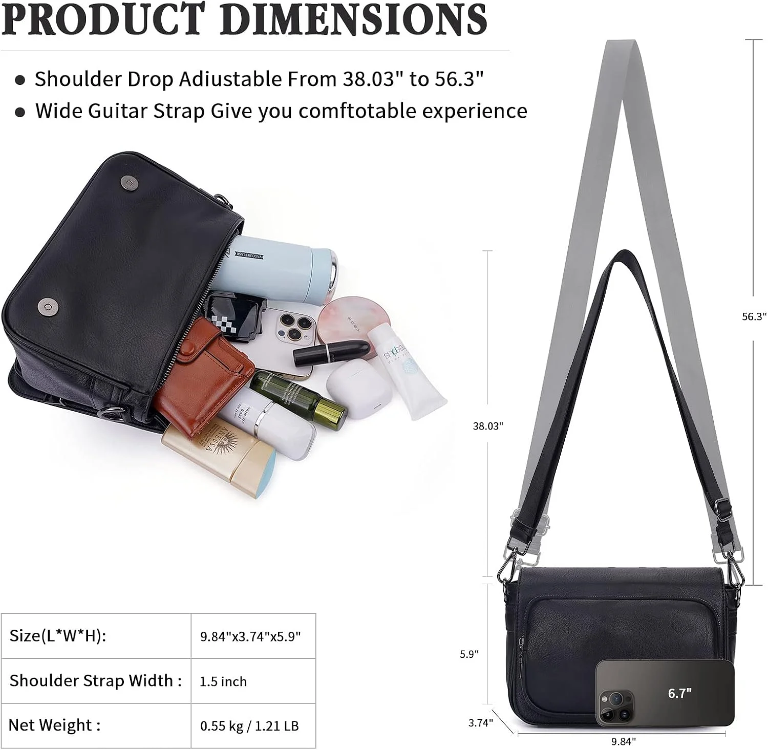 کیف دوشی کوچک HKCLUF برای زنان، کیف دستی هوبو از جنس چرم مصنوعی، کیف تلفن همراه با زیپ و درب آهنربایی برای زنان (مشکی)