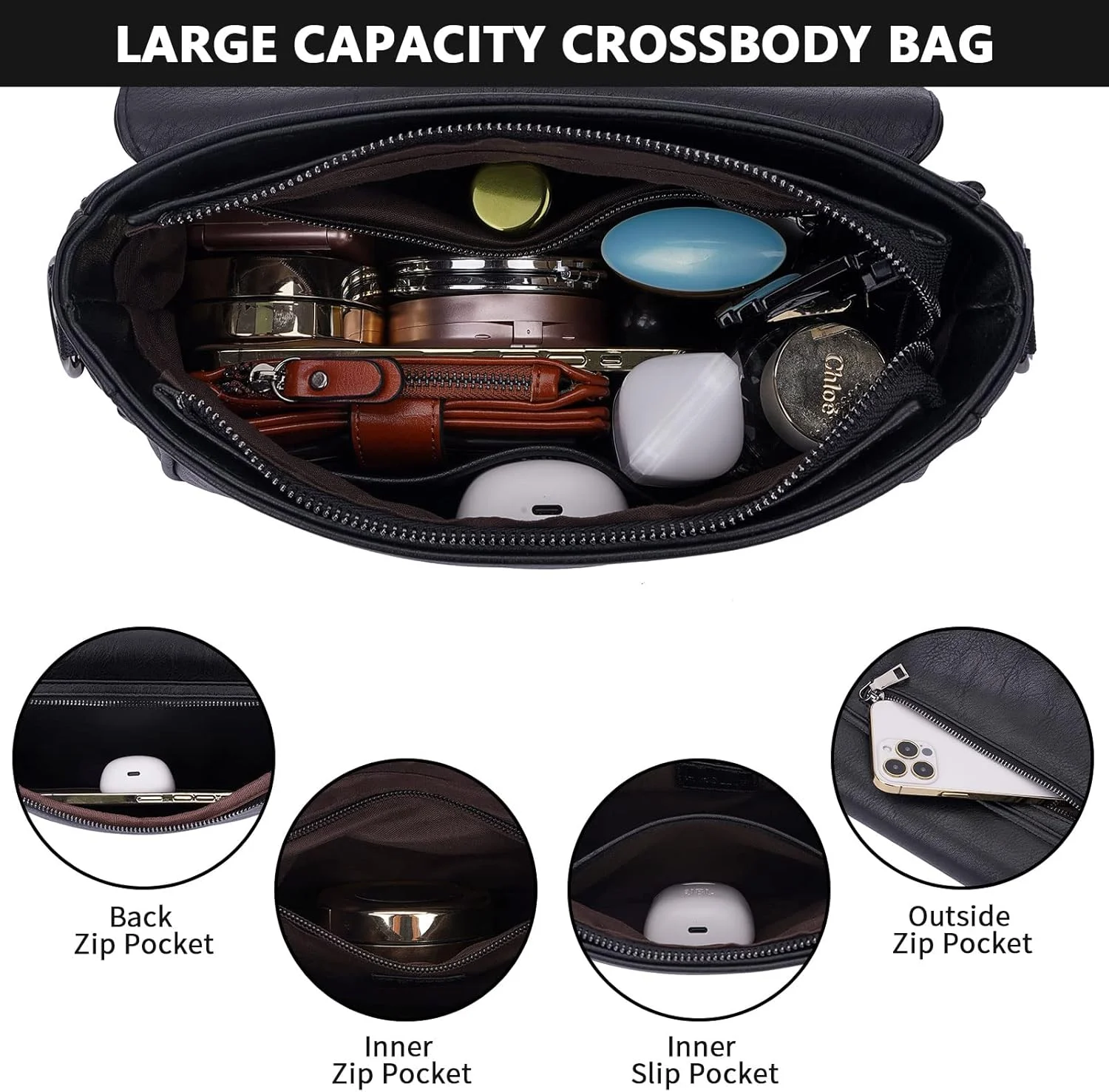 کیف دوشی کوچک HKCLUF برای زنان، کیف دستی هوبو از جنس چرم مصنوعی، کیف تلفن همراه با زیپ و درب آهنربایی برای زنان (مشکی)