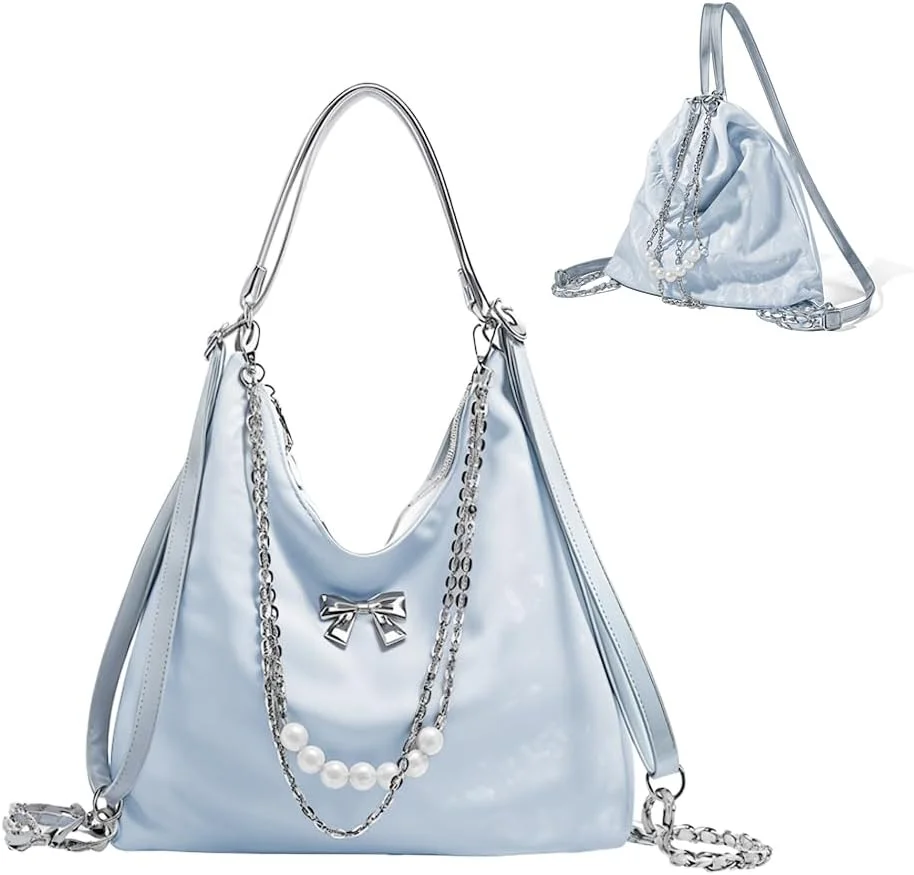 کیف دستی زنانه چرم مصنوعی PU، کیف دوشی مدل Hobo، کوله پشتی تبدیل‌شونده، آویز پاپیونی شیک زنجیردار، کیف دستی روزمره شیک، کیف جادار، آبی