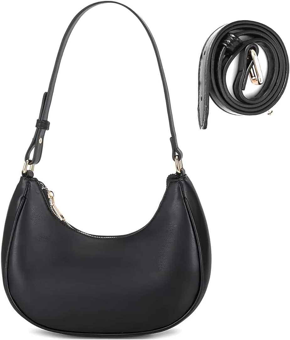 کیف دوشی زنانه مشکی چرم مصنوعی، کیف دستی شیک و غیر رسمی با زیپ، کیف هلالی ظریف مناسب مهمانی و اداره، کیف یک طرفه زنانه