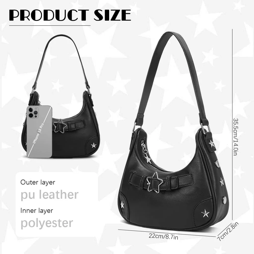 کیف دستی زنانه مشکی چرم مصنوعی، کیف دوشی شیک Y2K با پرچ ستاره ای، کیف هوبو مناسب مهمانی، عصر و استفاده روزمره برای بانوان