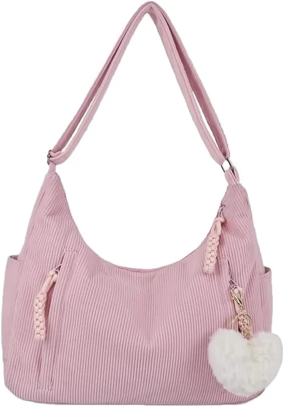 کیف دوشی زنانه مخمل کبریتی صورتی با آویز کیف، بند شانه قابل تنظیم، جیب های متعدد، کیف های مدل هاوبو، کیف دستی بزرگ با ظرفیت زیاد برای دختران و بانوان