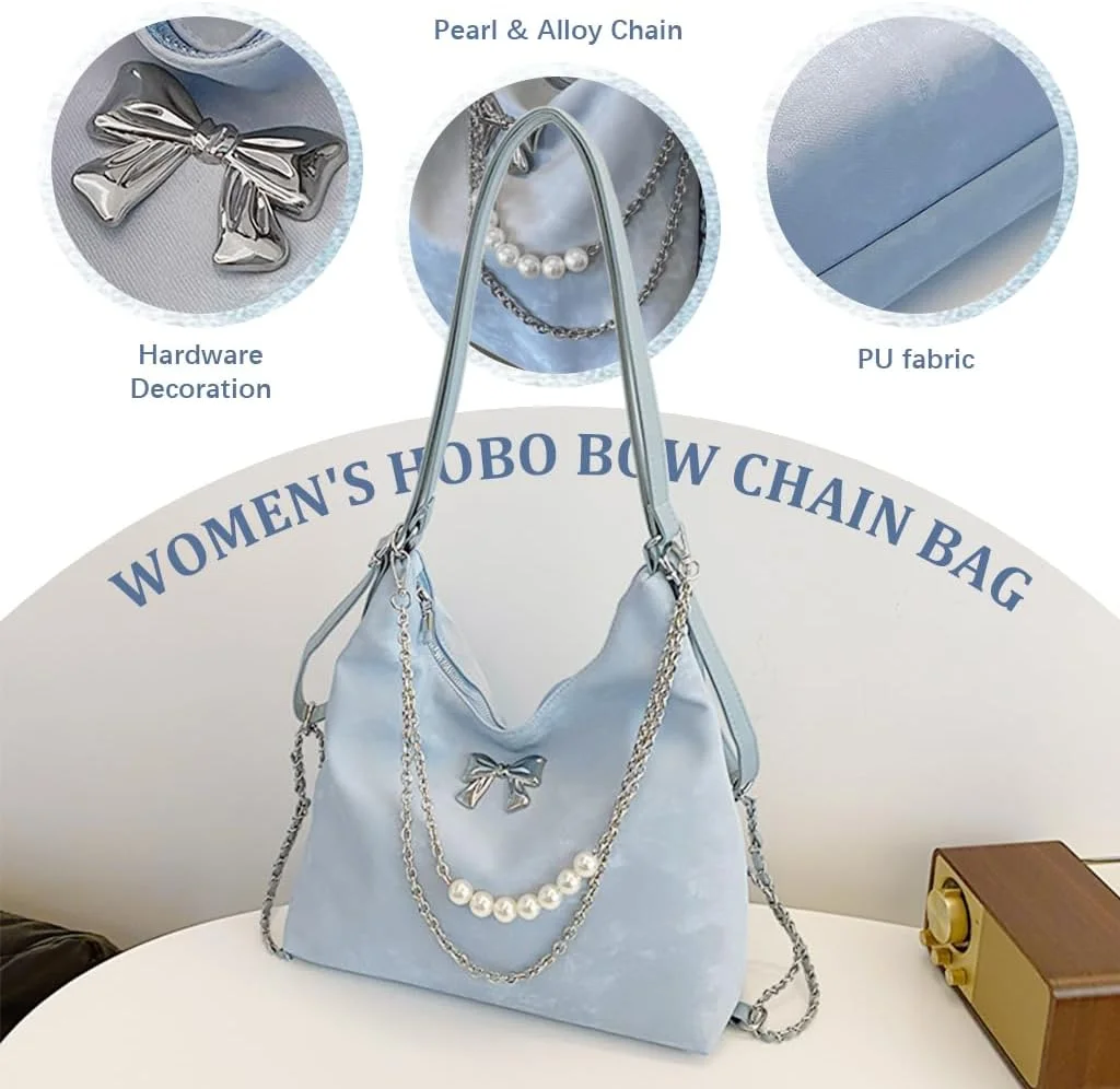 کیف دستی زنانه چرم مصنوعی PU، کیف دوشی مدل Hobo، کوله پشتی تبدیلشونده، آویز پاپیونی شیک زنجیردار، کیف دستی روزمره شیک، کیف جادار، آبی کیف دستی زنانه چرم مصنوعی PU، کیف دوشی مدل Hobo، کوله پشتی تبدیلشونده، آویز پاپیونی شیک زنجیردار، کیف دستی روزمره شیک، کیف جادار، آبی