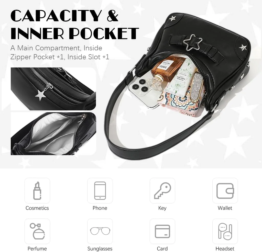 کیف دستی زنانه مشکی چرم مصنوعی، کیف دوشی شیک Y2K با پرچ ستاره ای، کیف هوبو مناسب مهمانی، عصر و استفاده روزمره برای بانوان