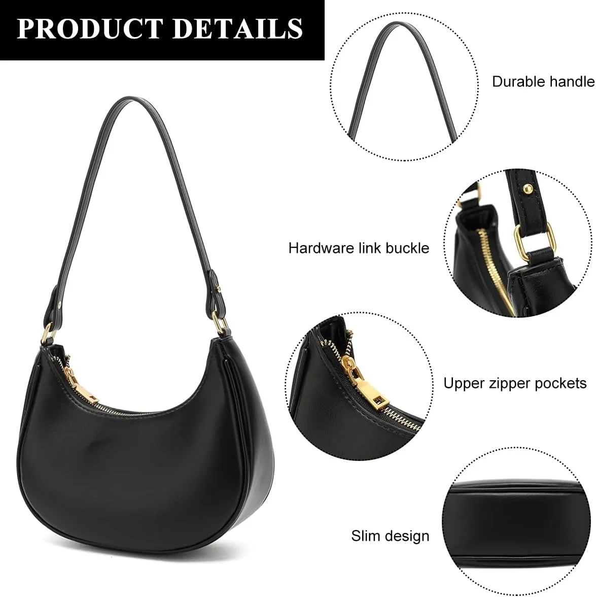 کیف دوشی زنانه مشکی چرم مصنوعی، کیف دستی شیک و غیر رسمی با زیپ، کیف هلالی ظریف مناسب مهمانی و اداره، کیف یک طرفه زنانه کیف دوشی زنانه مشکی چرم مصنوعی، کیف دستی شیک و غیر رسمی با زیپ، کیف هلالی ظریف مناسب مهمانی و اداره، کیف یک طرفه زنانه