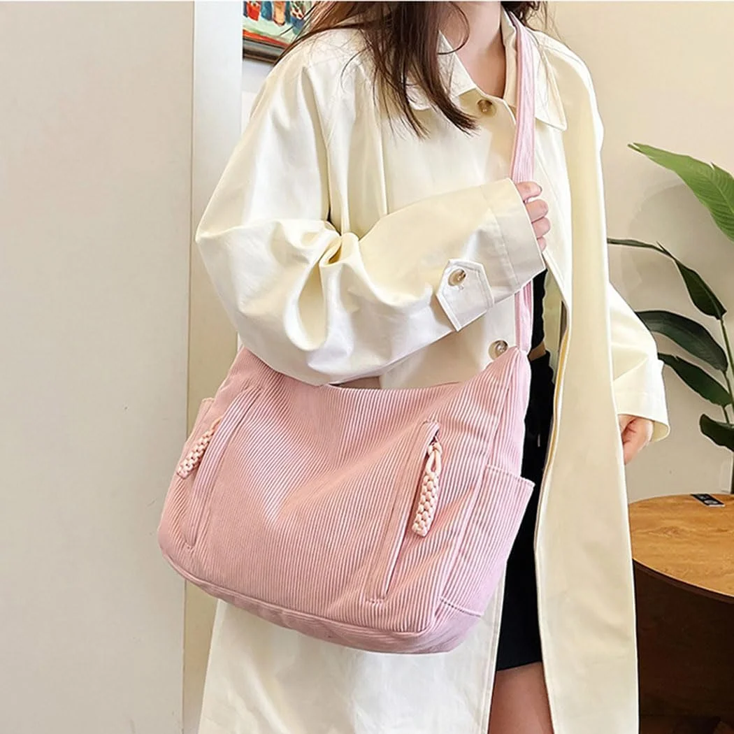 کیف دوشی زنانه مخمل کبریتی صورتی با آویز کیف، بند شانه قابل تنظیم، جیب های متعدد، کیف های مدل هاوبو، کیف دستی بزرگ با ظرفیت زیاد برای دختران و بانوان