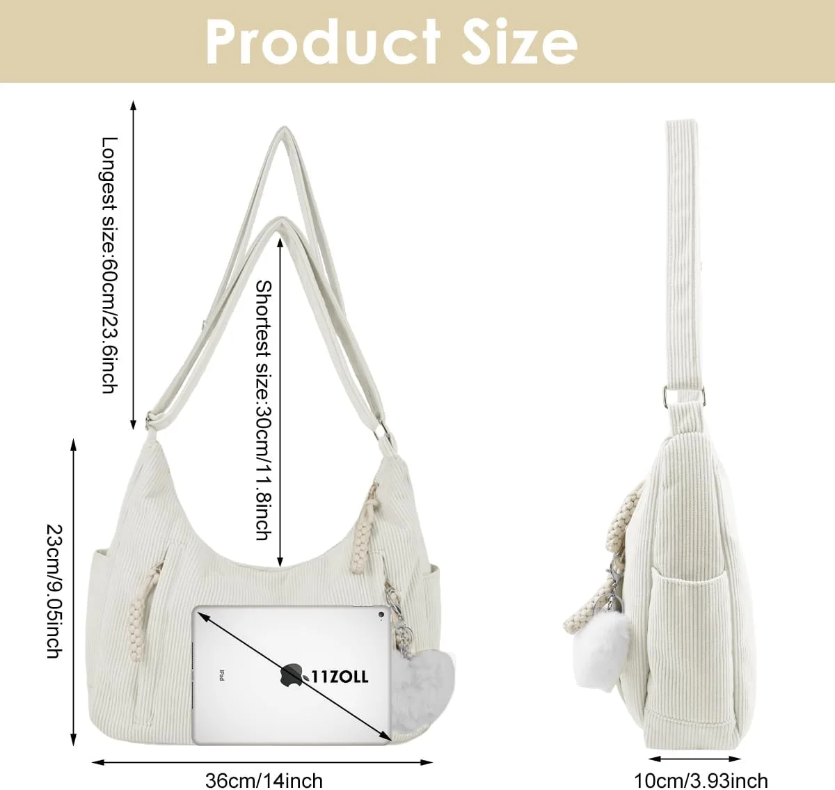 کیف دستی زنانه مخمل کبریتی با ظرفیت بزرگ و بند شانه قابل تنظیم، کیف دوشی غیر رسمی زنانه، مناسب خرید، مدرسه، کار، مسافرت، دانشگاه