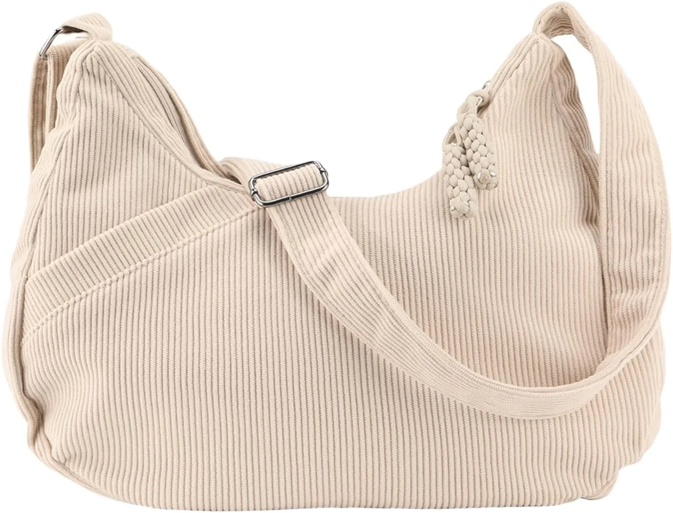 کیف دوشی هلالی، کیف بزرگ با بند قابل تنظیم، کیف مخمل کبریتی زنانه، مناسب کار، مسافرت، طراحی هلالی رنگ بژ