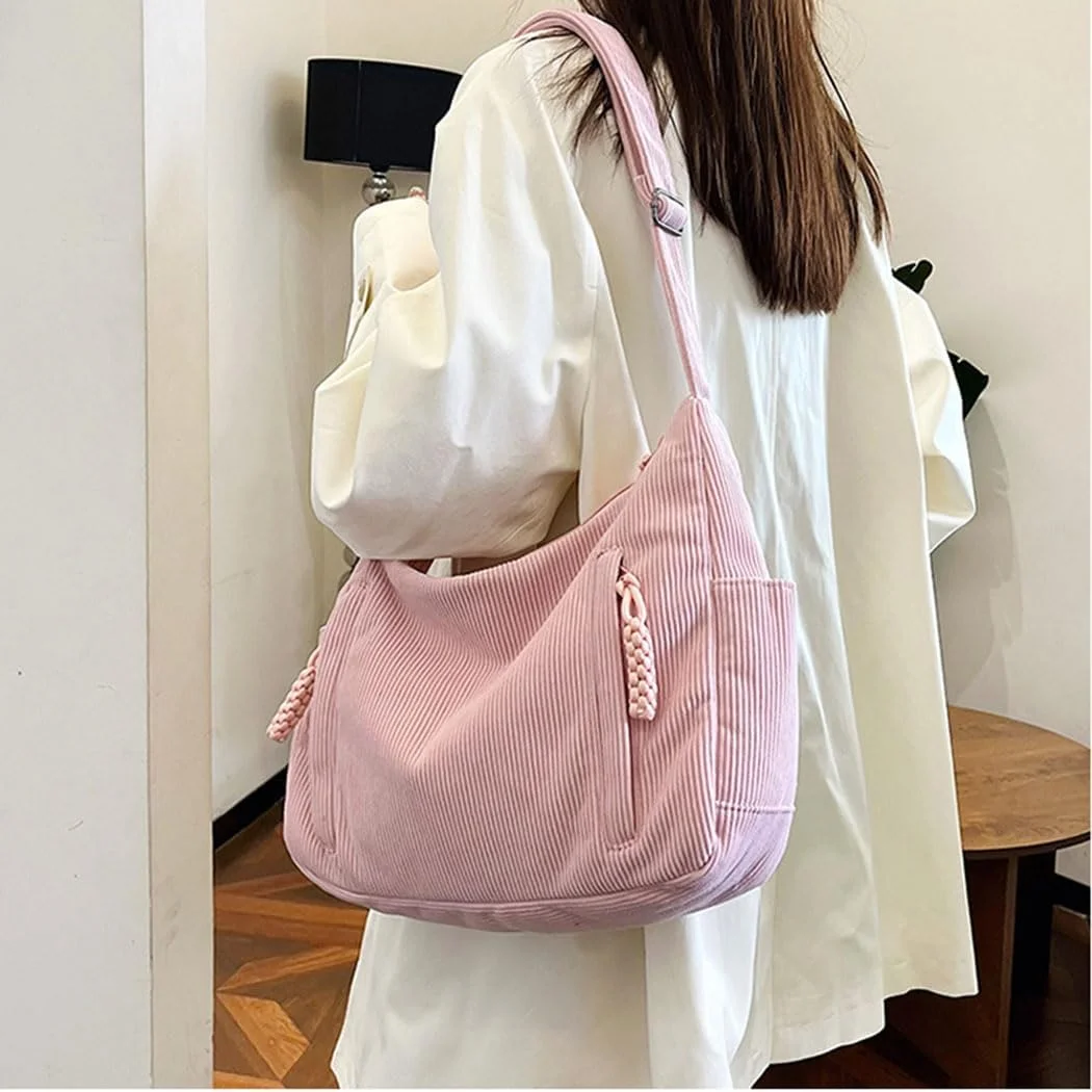 کیف دوشی زنانه مخمل کبریتی صورتی با آویز کیف، بند شانه قابل تنظیم، جیب های متعدد، کیف های مدل هاوبو، کیف دستی بزرگ با ظرفیت زیاد برای دختران و بانوان