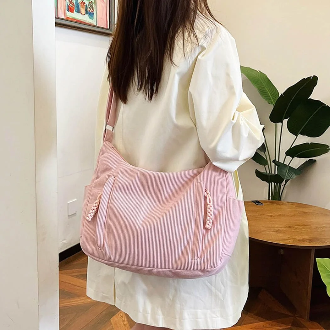 کیف دوشی زنانه مخمل کبریتی صورتی با آویز کیف، بند شانه قابل تنظیم، جیب های متعدد، کیف های مدل هاوبو، کیف دستی بزرگ با ظرفیت زیاد برای دختران و بانوان