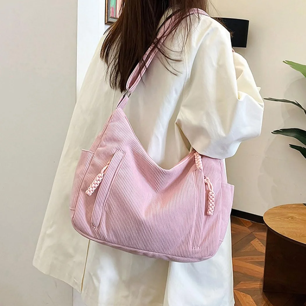 کیف دوشی زنانه مخمل کبریتی صورتی با آویز کیف، بند شانه قابل تنظیم، جیب های متعدد، کیف های مدل هاوبو، کیف دستی بزرگ با ظرفیت زیاد برای دختران و بانوان