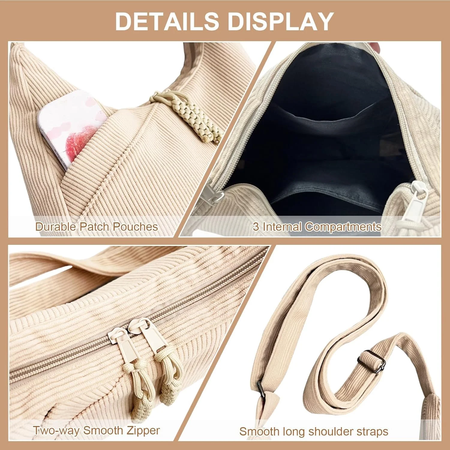 کیف دوشی هلالی، کیف بزرگ با بند قابل تنظیم، کیف مخمل کبریتی زنانه، مناسب کار، مسافرت، طراحی هلالی رنگ بژ کیف دوشی هلالی، کیف بزرگ با بند قابل تنظیم، کیف مخمل کبریتی زنانه، مناسب کار، مسافرت، طراحی هلالی رنگ بژ