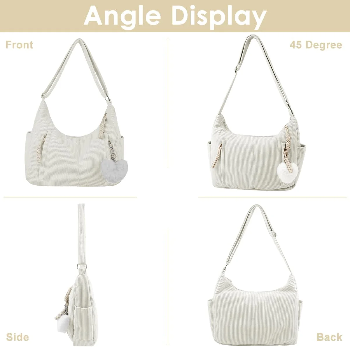 کیف دستی زنانه مخمل کبریتی با ظرفیت بزرگ و بند شانه قابل تنظیم، کیف دوشی غیر رسمی زنانه، مناسب خرید، مدرسه، کار، مسافرت، دانشگاه