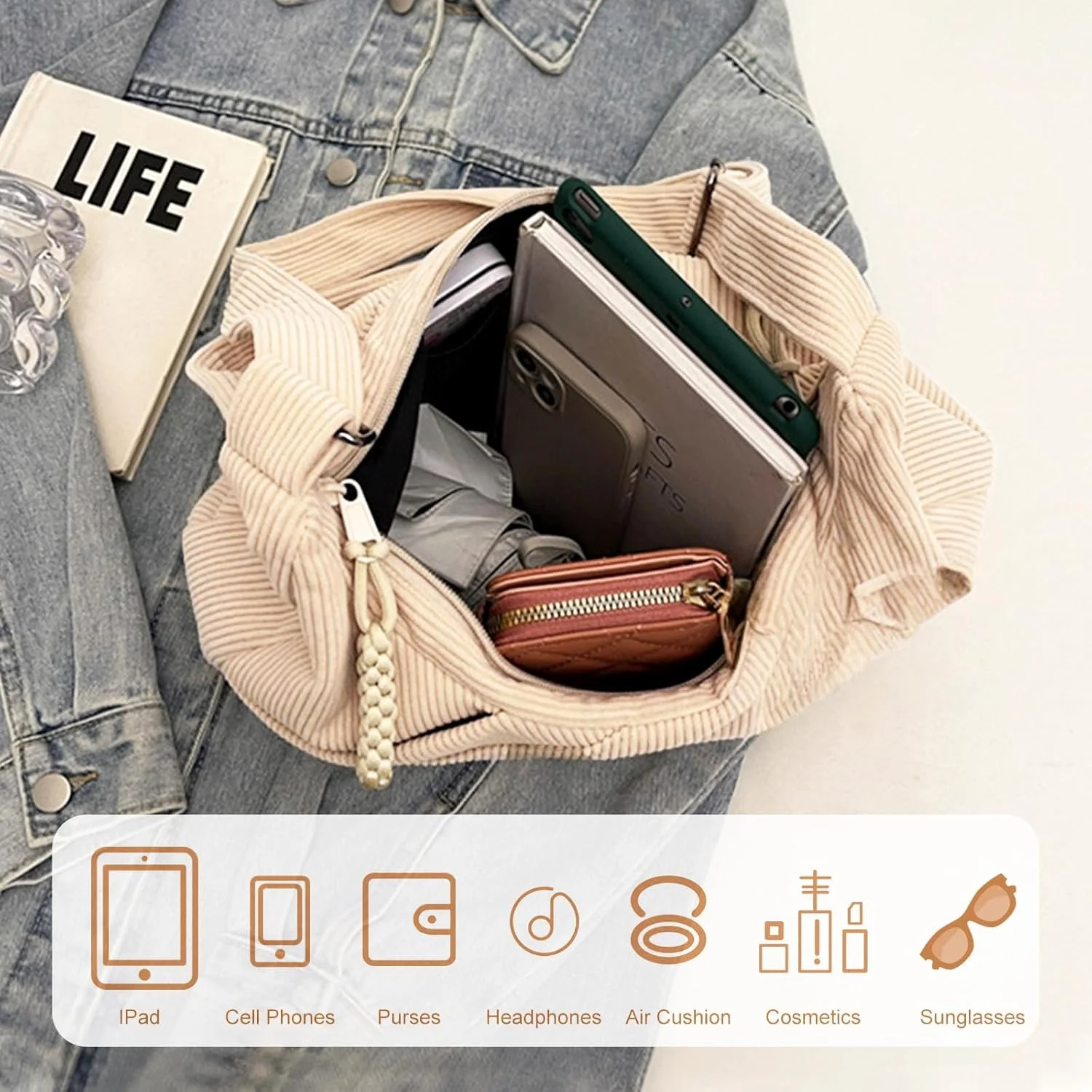 کیف دوشی هلالی، کیف بزرگ با بند قابل تنظیم، کیف مخمل کبریتی زنانه، مناسب کار، مسافرت، طراحی هلالی رنگ بژ کیف دوشی هلالی، کیف بزرگ با بند قابل تنظیم، کیف مخمل کبریتی زنانه، مناسب کار، مسافرت، طراحی هلالی رنگ بژ