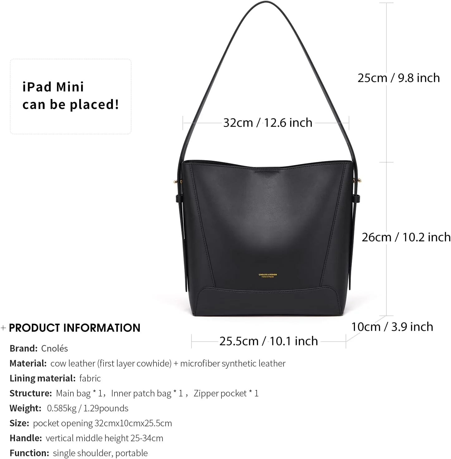 کیف دستی زنانه Cnoles مدل Hobo، کیف دوشی، کیف بزرگ دستی، کیف یک طرفه، کیف چرم طبیعی با دسته