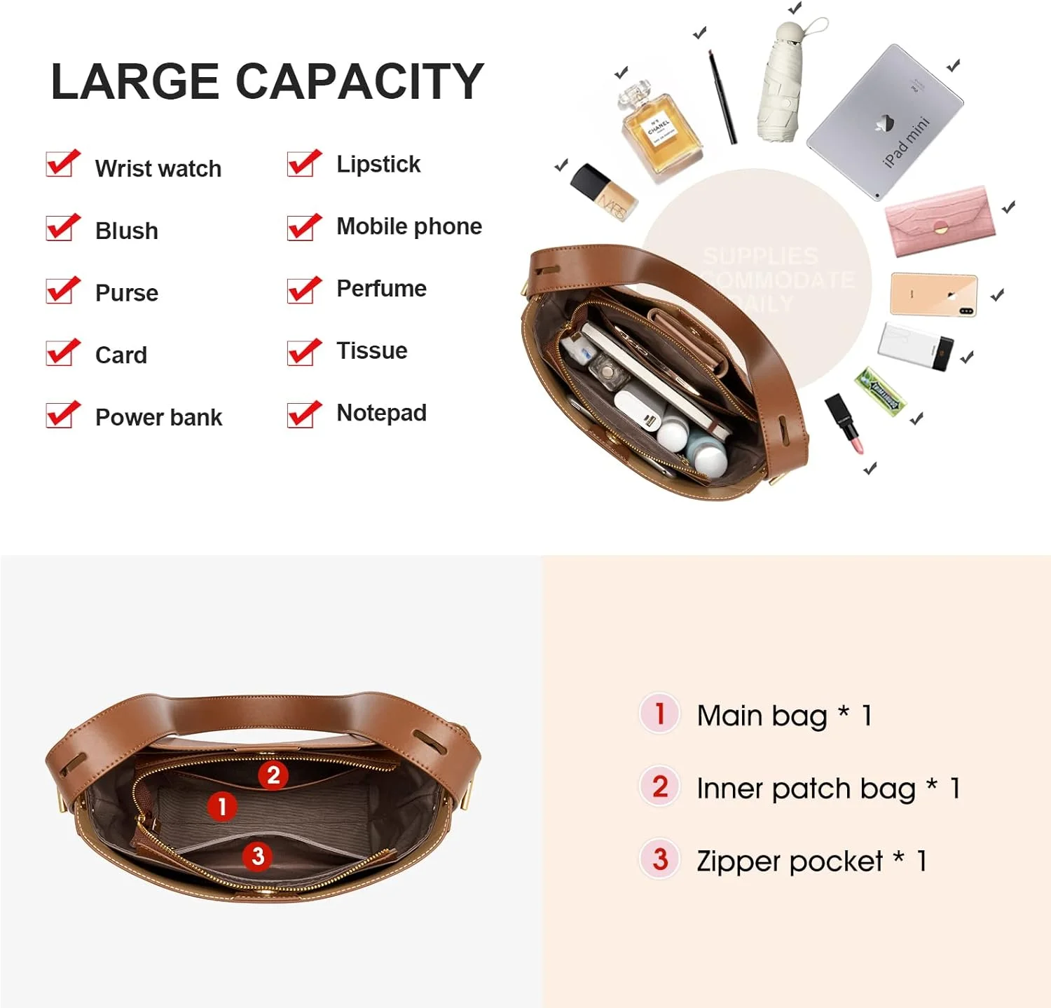 کیف دستی زنانه Cnoles مدل Hobo، کیف دوشی، کیف بزرگ دستی، کیف یک طرفه، کیف چرم طبیعی با دسته