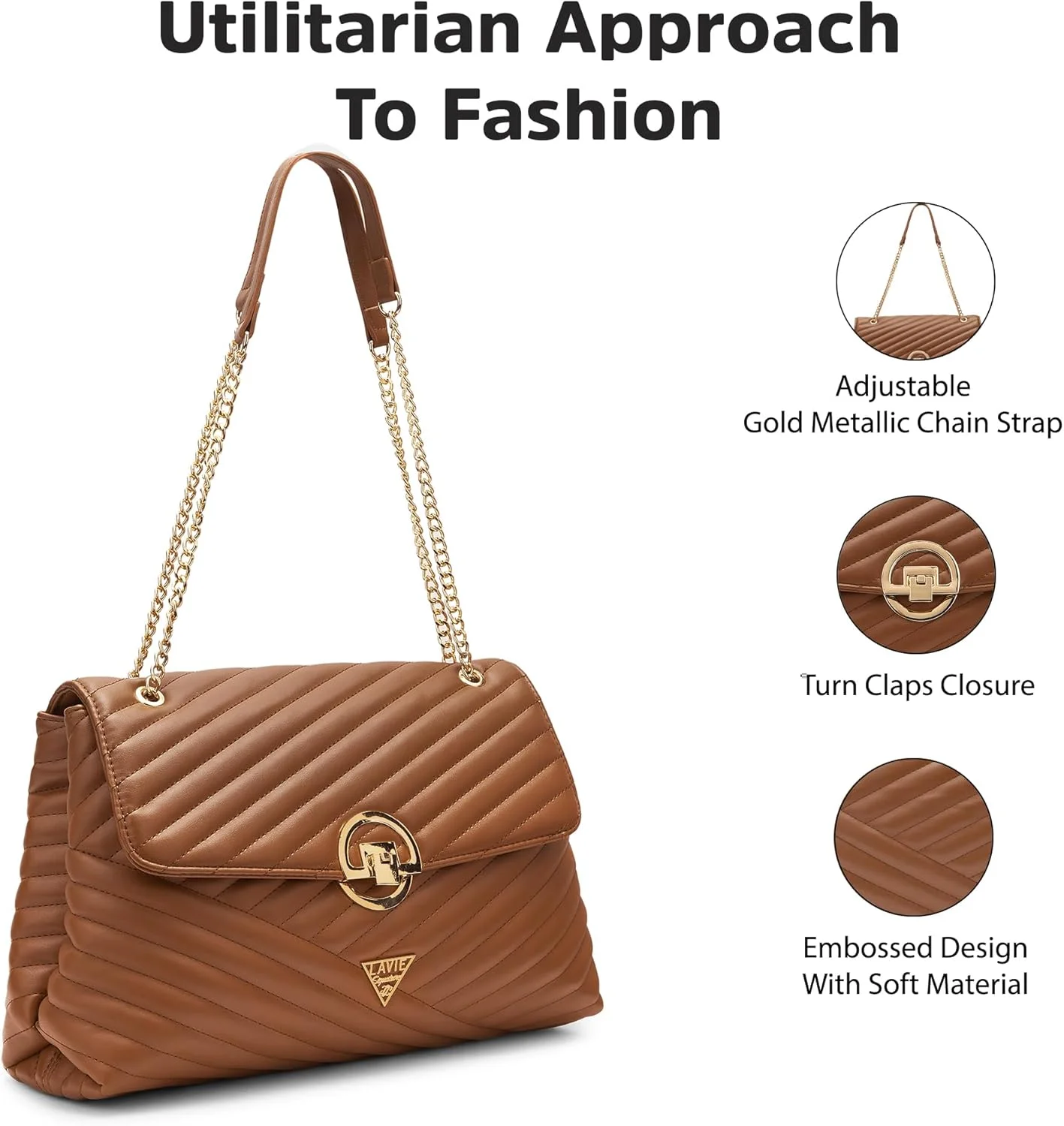 کیف دستی زنانه لاوی مدل Denver با طرح لوزی و درب تاشو | کیف دستی مناسب کار | کیف زنانه | کیف شانه ای شیک | هدیه برای خانم ها، رنگ قهوه ای روشن، بزرگ