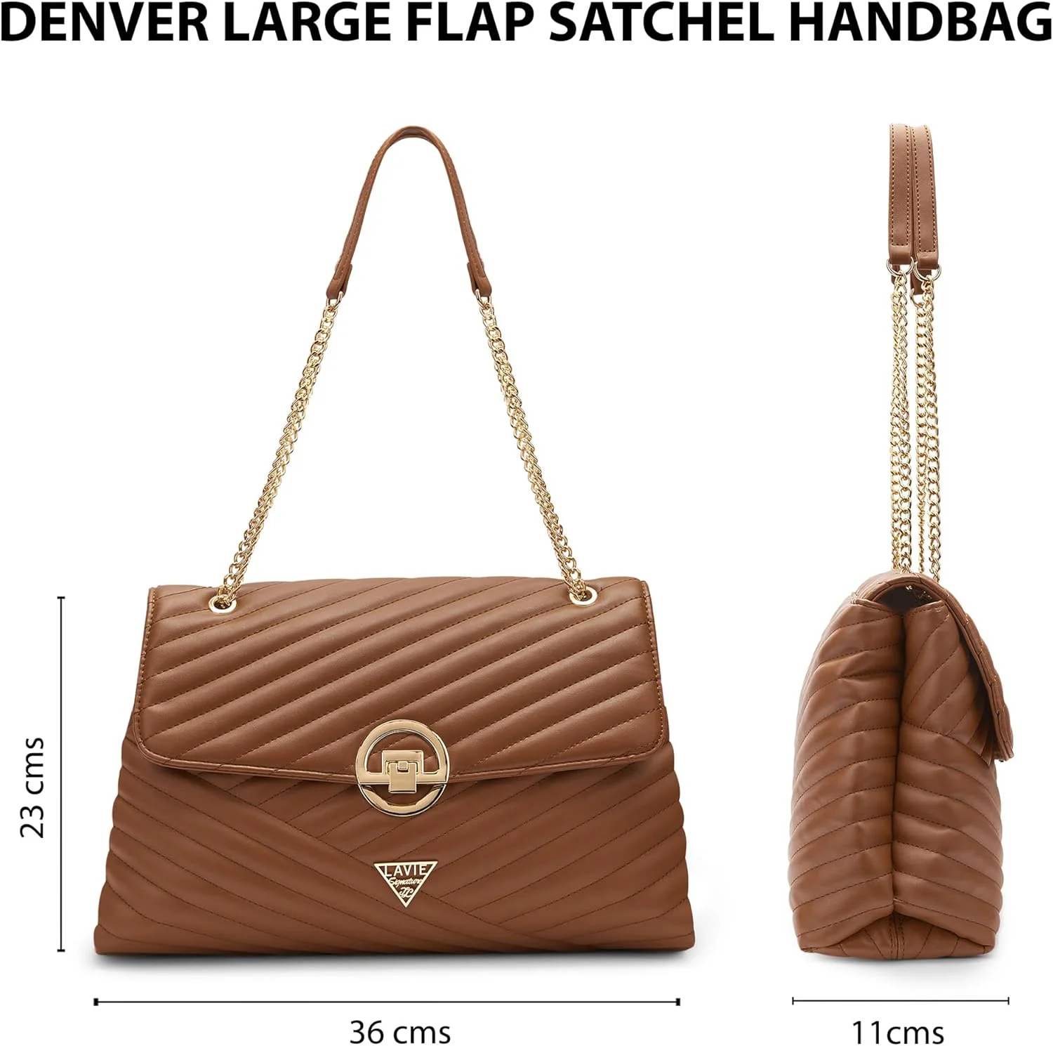 کیف دستی زنانه لاوی مدل Denver با طرح لوزی و درب تاشو | کیف دستی مناسب کار | کیف زنانه | کیف شانه ای شیک | هدیه برای خانم ها، رنگ قهوه ای روشن، بزرگ