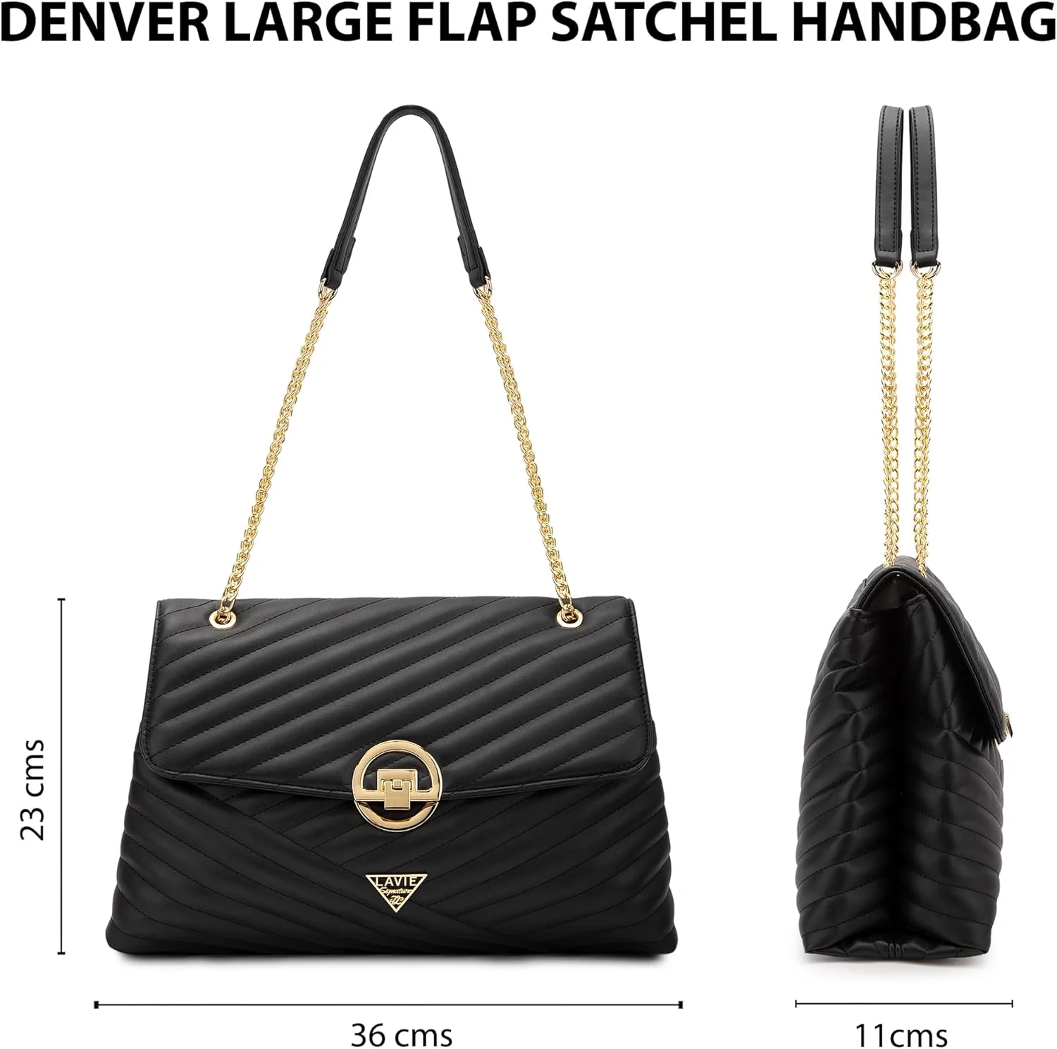 کیف دستی زنانه لاوی سیگنیچر مدل Denver با طرح لوزی و سرخانه برای زنان | کیف دستی مناسب کار | کیف زنانه | کیف شانه ای شیک | هدیه برای زنان، مشکی، بزرگ