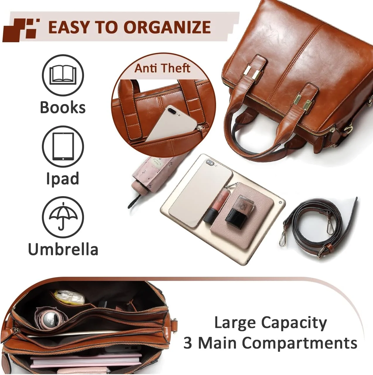 کیف دستی زنانه VASCHY، کیف چرمی PU نرم با دسته بالایی و سه محفظه جداگانه، مناسب برای کار و استفاده روزانه کیف دستی زنانه VASCHY، کیف چرمی PU نرم با دسته بالایی و سه محفظه جداگانه، مناسب برای کار و استفاده روزانه