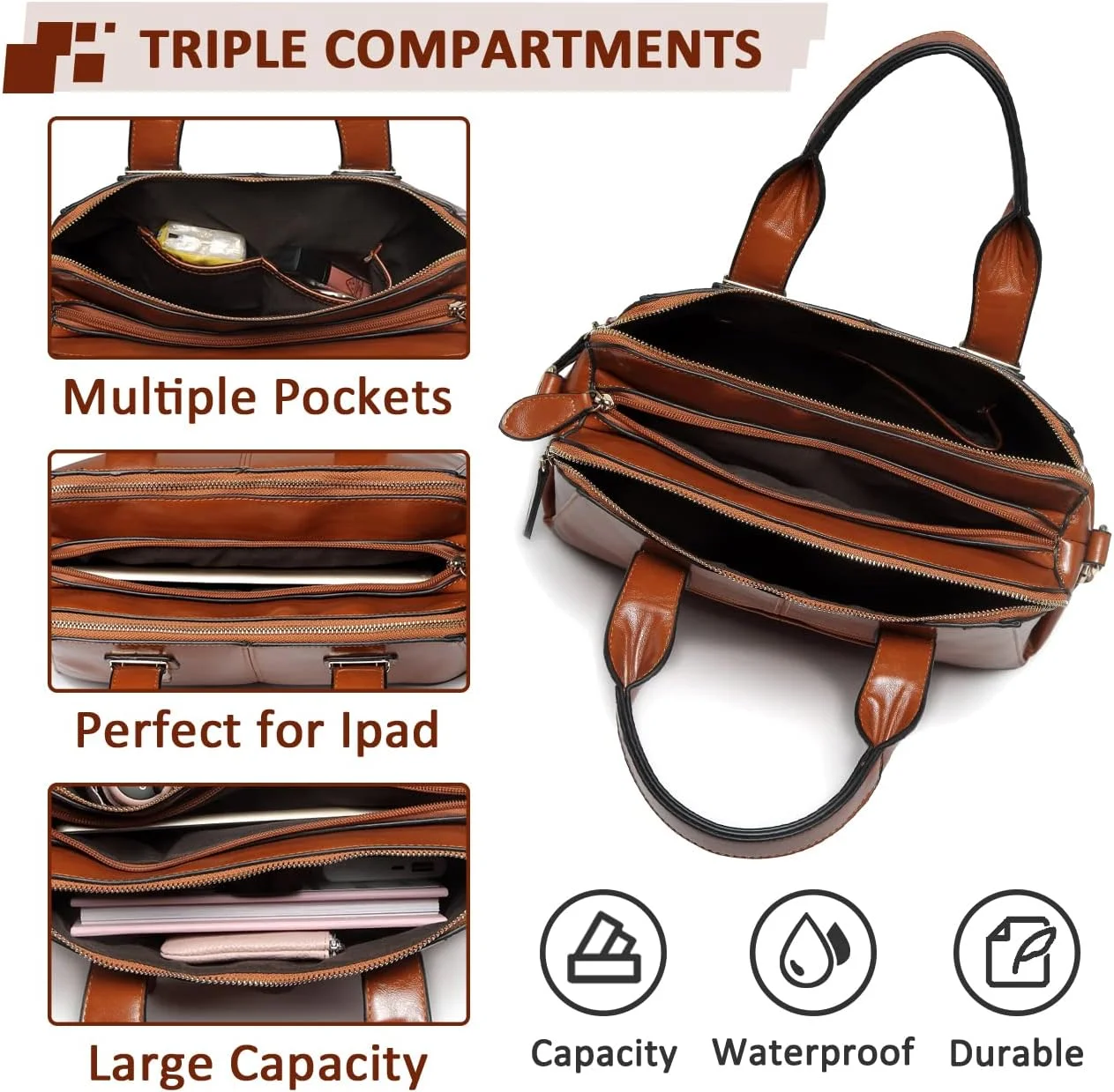 کیف دستی زنانه VASCHY، کیف چرمی PU نرم با دسته بالایی و سه محفظه جداگانه، مناسب برای کار و استفاده روزانه کیف دستی زنانه VASCHY، کیف چرمی PU نرم با دسته بالایی و سه محفظه جداگانه، مناسب برای کار و استفاده روزانه