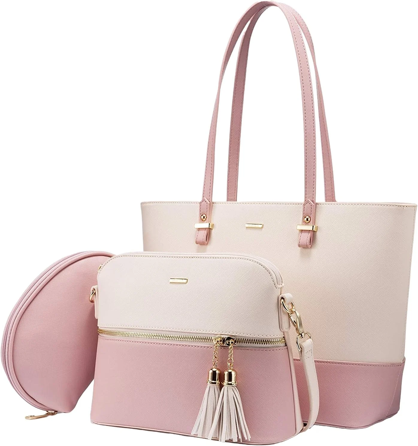 کیف دستی چند منظوره چرم مصنوعی زنانه به همراه کیف دوشی و کیف پول (ست 3 تکه، سفید/صورتی)