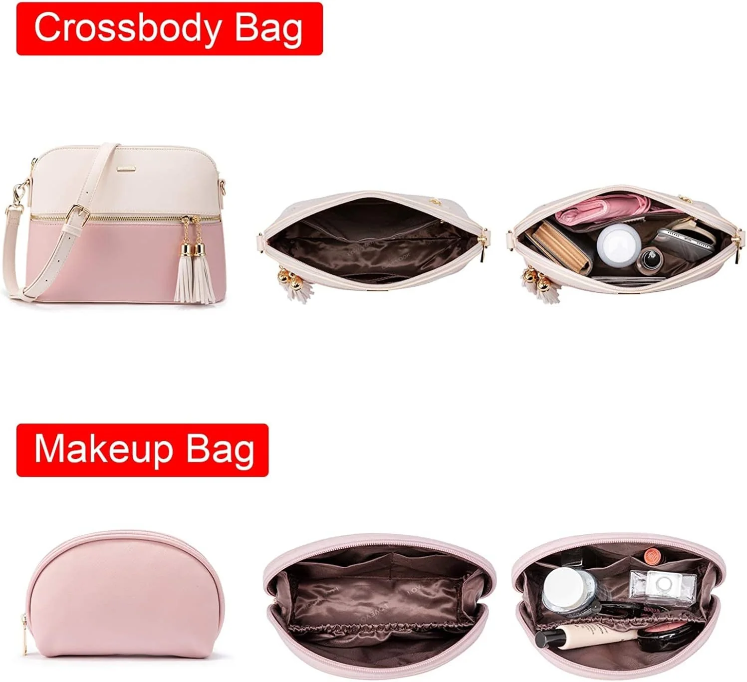 کیف دستی چند منظوره چرم مصنوعی زنانه به همراه کیف دوشی و کیف پول (ست 3 تکه، سفید/صورتی)